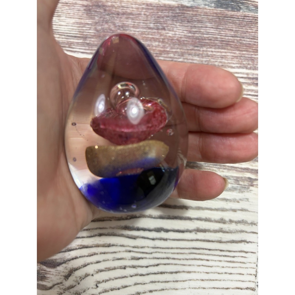 Hand Blown Art Glass Paperweight Small Egg Shaped Cobalt Blue Pink Gold Unmarked